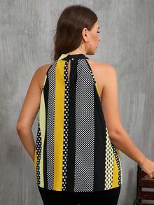 SHEIN Clasi Plus Size Women Polka Dot & Striped Casual Fashion Halter Shirt - Light Yellow - View 2