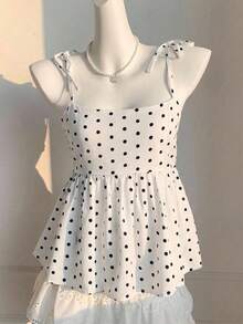 Comfortcana Navy Blue Polka Dot A-Line Casual Plus Size Sleeveless Camisole, Suitable For Spring And Summer, Going Out Tops - White - View 4