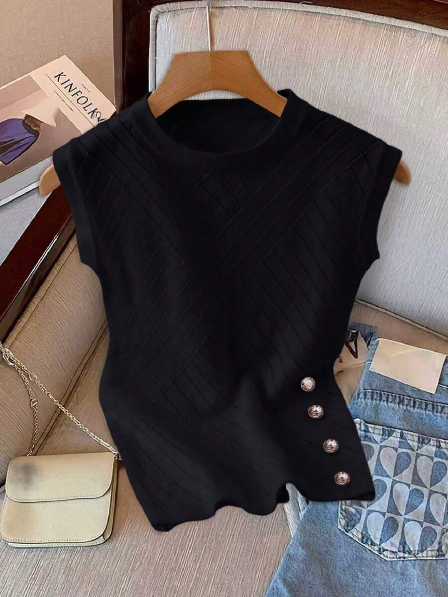 GlowEve Blusa de punto elegante y de moda con decoración de botones de unicolor para mujer - Negro - Ver 1
