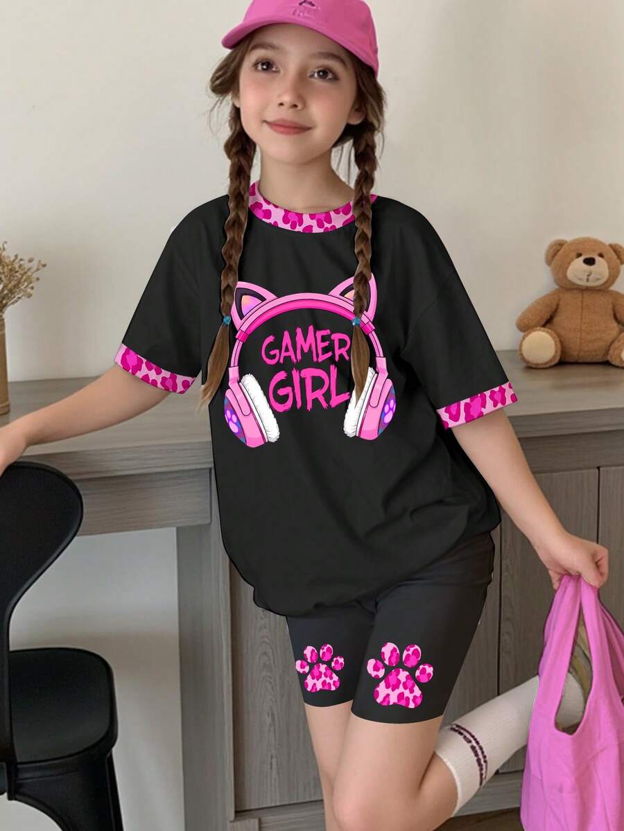 2件套少女休闲时尚可爱豹纹猫耳印花粉色豹纹黑色短袖T恤和短裤套装,适合夏季穿着 - 彩色 - 查看 1