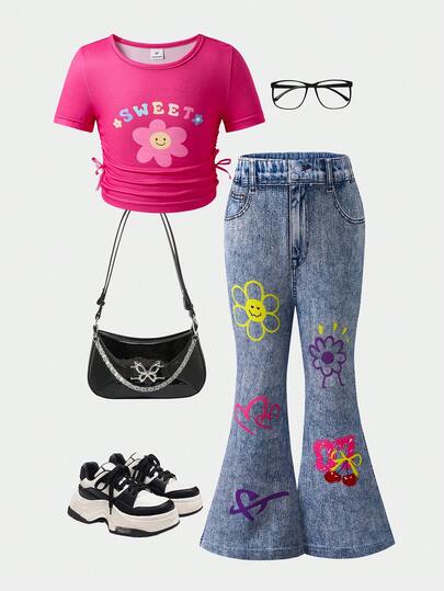 SHEIN 2pcs/Set Toddler Girls Fuchsia Round Neck Short Sleeve Floral Print Waist T-Shirt And Sunflower Print Effect Long Pants  Young Girl Casual Loose Floral Print Short Sleeve Round Neck T-Shirt And Flare Pants, Suitable For Daily Wear, Spring & Summer Outfits Suitable For Summer, Street Style, Casual Campus Sports, Outdoor Picnic, Street Photography, Home