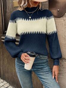 EURMUSE Turtleneck Lantern Sleeve Colorblock Knit Sweater - Multicolor - View 3