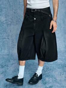 ROMWE MEN Street Life Men's Summer Casual Fashion Street Double Waistband Pleated 2 In 1 Denim Shorts - Black - View 1