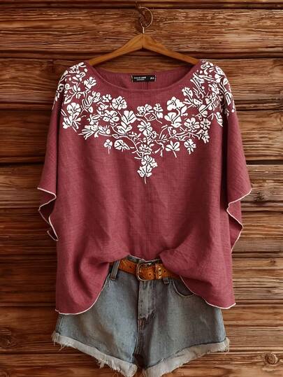 EMERY ROSE 春夏时尚休闲度假装百搭日常沙滩装大码女式圆领印花短袖衬衫大码女式沙滩度假服装