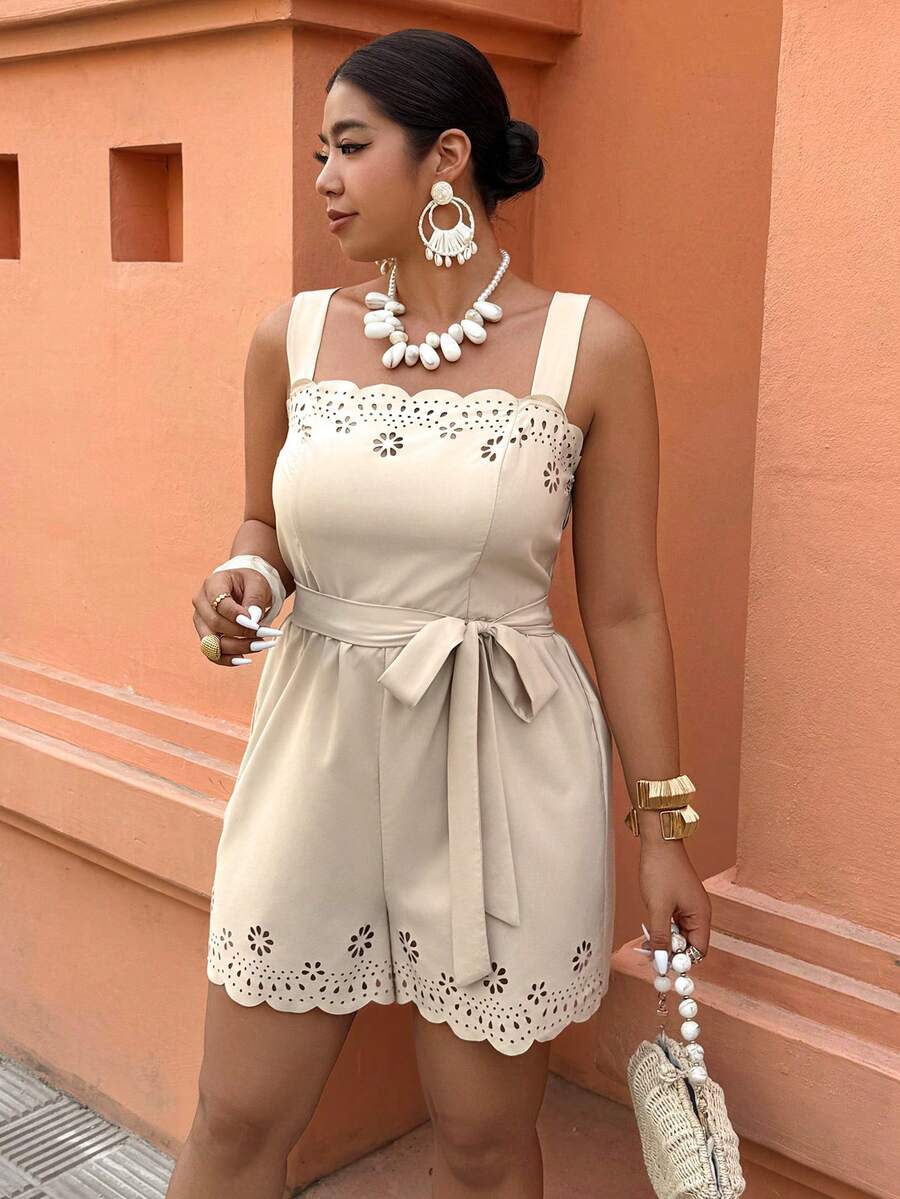 EMERY ROSE Plus Size Women's Hollow Flower Decor Waist Cinched Jumpsuit, Suitable For Spring/Summer Vacation - Khaki - View 1