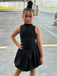 Tween Girl Casual & Comfortable Sleeveless Solid Color Backless Knit Black Mini Dress - Black - View 2