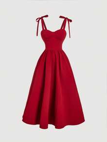 SHEIN MOD Đầm midi dáng xòe, dây đeo màu đỏ thắt nơ, phần ngực xếp ly. - Đỏ - Xem 2