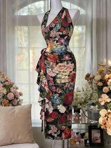 SHEIN MOD 大码女装春夏复古碎花连衣裙，吊带修身不对称下摆连衣裙，荷叶边缎带3D立体碎花连衣裙 - 彩色 - 查看 4