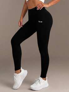 Menodora SHEIN Sport High Waist Tummy Control Women's Casual Solid Color Leggings, Squat-Proof Buttery Soft Fabric, For Yoga Running Gym - Black - View 2