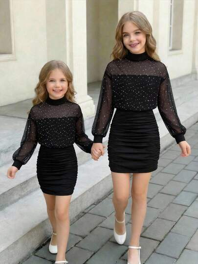 SHEIN Tween Girls Black High Neck Loose Waist Snug Fit Ruched Snug Fit Skirt Dress, Casual Elegant Vintage Versatile Layering Long Sleeve Mini Dress, Suitable For Christmas Party Wear In Winter