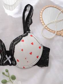 DelicateAllure Women's Contrast Color Lace Patchwork Bow Decor Heart Print Bra Cute Bra Push Up Bra - Multicolor - View 4