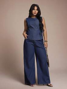 Auralis Áo denim nữ cỡ lớn cổ tròn thiết kế thắt nút kẻ sọc, kiểu dáng thường ngày đa năng, thích hợp mặc mùa xuân đến hè, đi lễ hội, đi nghỉ mát, tốt nghiệp, phong cách Y2K, dễ thương, thời trang đường phố, dự tiệc, đám cưới, thanh lịch, công sở, phong cách thường ngày. Áo kiểu denim không tay cỡ lớn dành cho nữ với họa tiết kẻ sọc và dây buộc điều chỉnh được. - Màu xanh lam - Xem 5