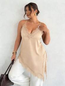 Firerie Plus Size Women Solid Color Lace Patchwork Asymmetrical Hem Fashionable Versatile Date Night Camisole Top, Summer Tops - Apricot - View 6
