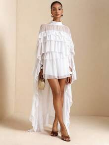 SHEIN Veneréa 女士纯色立领荷叶边披肩式设计百搭日常衬衫 - 白色 - 查看 5