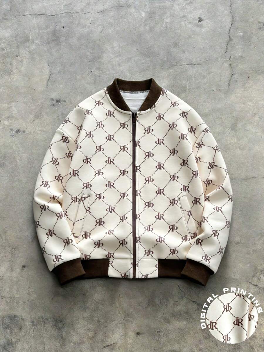 Manfinity Dauomo Chaqueta de béisbol con cremallera y estampado completo de moda casual y urbana para hombres, primavera/otoño - Multicolor - Ver 1