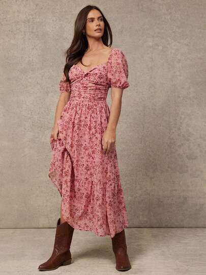 WESTFADE Sweetheart Neck Twist Front Ruched Sides Smocked Back Chiffon Floral Print Short Puff Sleeve Maxi Dress Spring, Resort Wear, Summer, Casual, Cute, Boho, Stagecoach, Coachella, Festival, Nashville, Cowgirl, Western Clothes, Vacation, Beach