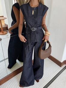 DAZY Spring/Summer Romantic Design Loose Casual Commute Elegant Blue Sleeveless Top And Wide Leg Jeans Women 2-Piece Set - Blue - View 3