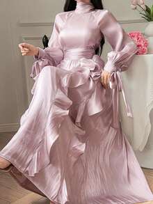 DAZY Vestido elegante de mujer de unicolor con cuello alto, manga larga raglán, patchwork y volantes - Rosa - Ver 5