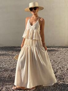 Livesso Bộ đồ nữ thanh lịch gồm áo hai dây cổ chữ V màu trắng và chân váy xòe dáng rộng, thích hợp cho kỳ nghỉ hè và các bữa tiệc. - Màu be - Xem 6