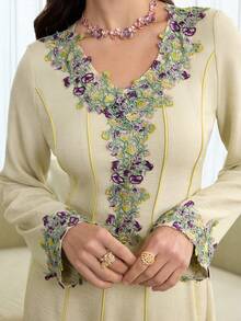 Al Najma Embroidered Lace Trim Splice Elegant Elegant Fashion Long Sleeve Modest Dress - Apricot - View 1