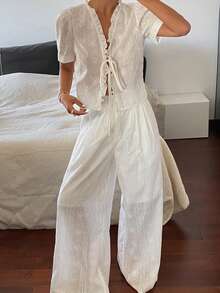 DAZY Women's Embroidered Petal Sleeve Tie Front Blouse And Wide Leg Pants 2 Pieces Set, Vacation Style, Spring/Summer/Autumn - White - View 4