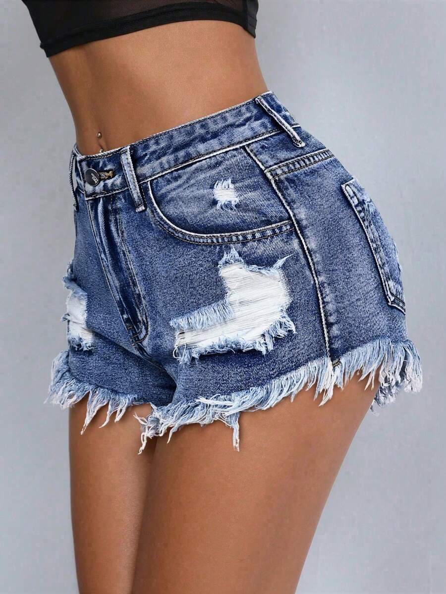 SHEIN PETITE Frayed Hem Fashionable Summer Ripped Casual Denim Shorts - Medium Wash - View 1