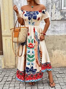 Breezaya Plus Size Women's Elegant Floral Off-Shoulder Cinched Waist Maxi Dress,Ruffle Sleeve Beige Summer Boho Vacation Holiday Party Daily Dress - Multicolor - View 1