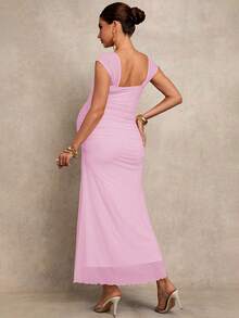 MaterniChic Đầm bầu màu trơn cổ vuông ôm dáng thanh lịch dự tiệc - Màu Hồng baby - Xem 2