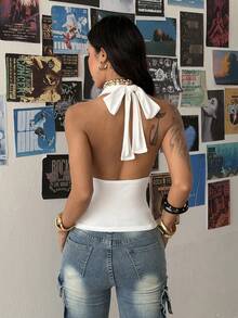 StreetHx 女士V领露背细肩带吊带背心，修身款 - 白色 - 查看 3