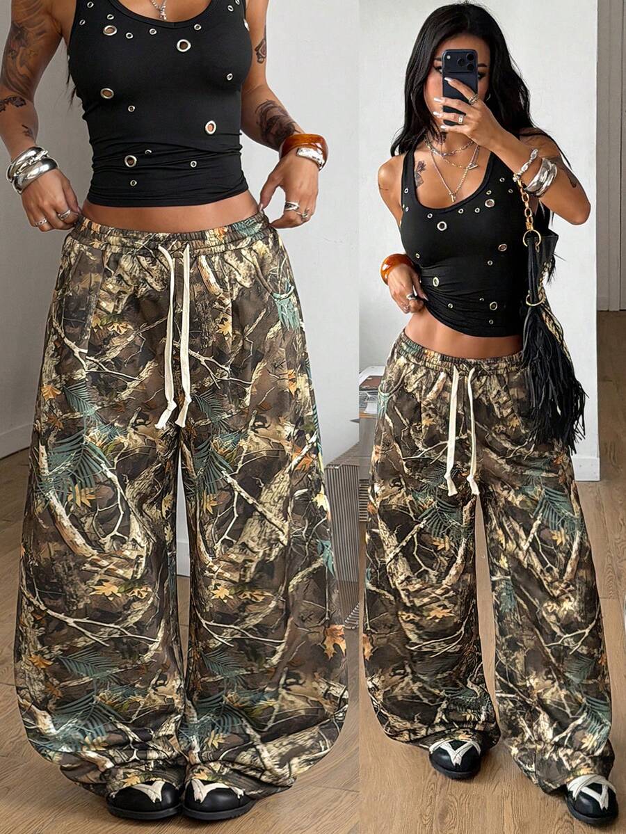 Coolane 女士春夏街头风锐舞朋克Y2K树枝图案森林印花舒适宽松阔腿裤 - 棕色 - 查看 1