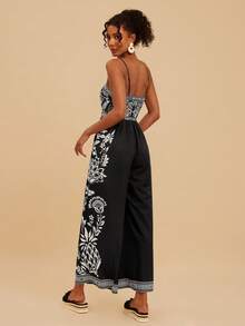 Travachic Floral Print Wide Leg Jumpsuit, Casual Vacation - Black - View 2