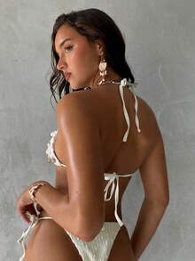 Aloruh Áo bikini hai mảnh kiểu yếm đính hạt cườm mới dành cho nữ, thích hợp cho các bữa tiệc chủ đề đại dương/lễ hội âm nhạc/phong cách bohemian, kiểu dáng tam giác nhỏ, thích hợp cho kỳ nghỉ. - Màu be - Xem 3