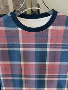 Resyla 粉蓝格子撞色圆领T恤 复古格子图案 休闲短袖上衣 Y2K美学撞色滚边格子T恤 学院风粉蓝格子夏季T恤 撞色领格子印花休闲T恤 - 粉色 - 查看 3