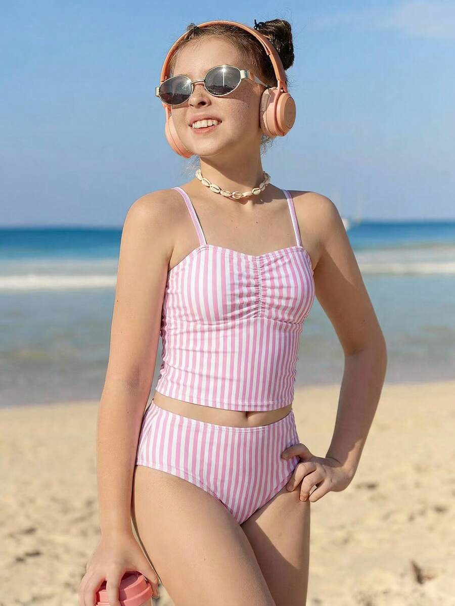 SHEIN Tween Girls 2 Pieces Tankini Swimwear Set, Pink & White Striped Spaghetti Strap Top And Ruched Waist Striped Triangle Bottoms, Y2K Cute Vacation Style Suitable For Swimming, Surfing, Holiday, Beach - Pink - View 1