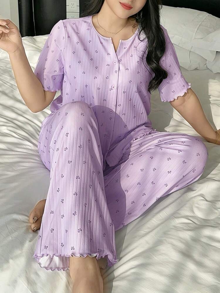 Dazy Plus Plus Size Bow Tie Print Button Front Short Sleeve Top And Pants Pajama Set