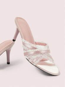 CUCCOO DOLLMOD Women's Elegant Lace Satin High Heel Slippers, Cute And Sweet Pink High Heel Sandals - Pink - View 1