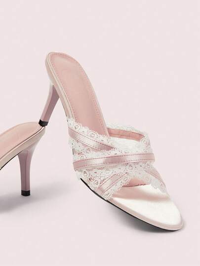 CUCCOO DOLLMOD Women's Elegant Lace Satin High Heel Slippers, Cute And Sweet Pink High Heel Sandals