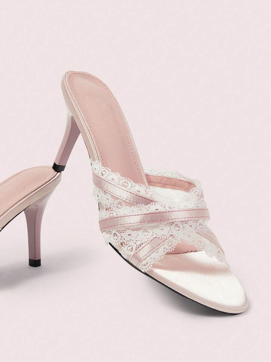 CUCCOO DOLLMOD Women's Elegant Lace Satin High Heel Slippers, Cute And Sweet Pink High Heel Sandals - Pink - View 1