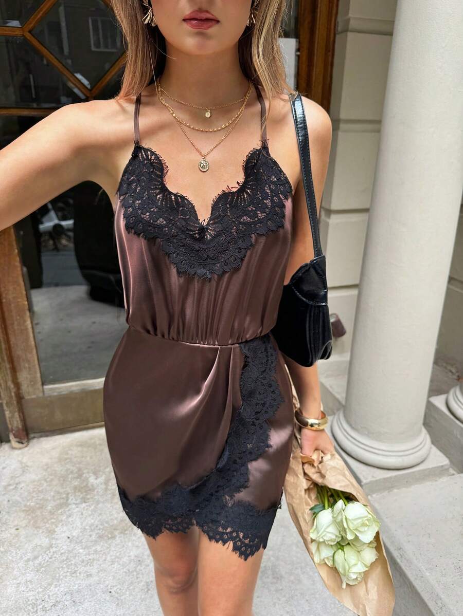 SHEIN Frenchy Women's Summer Contrast Lace Spaghetti Strap Wrap Hem Short Dress,Elegant Sexy Brown Satin Contrast Lace Splice Satin Slip Dress, Must-Have Little Brown Dress For Cocktail Party/Date,Casual Dress ,Vacation Outfits For Women,Elegant Dress,Wedding Guest Dress For Women,Beach Dress,Party Outfit,Elegant Party Dresses,Carnival Dress,Valentine's Day Dress,Summer Outfit For Women, Chocolate Brown Dress, Brown Satin Dress, Dark Brown Dress, Coffee Brown Dress - Coffee - View 1