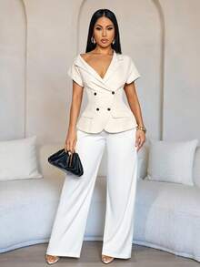 SOLERSUN Blazer Feminino de Manga Curta com Colarinho Assimétrico e Ajuste Slim, Modelo Elegante para Escritório e Uso Diário, Blazer Slim-Fit para Escritório/Festa para Mulheres - Damasco - Visão 9