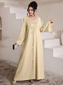 Al Najma Luxurious Embroidered & Beaded Loose Long Sleeve Split Maxi Dress, Turkish & Arabic Traditional Style - Yellow - View 4