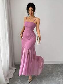 Modelyn Women's Elegant Knitted Jacquard Sequin Rhinestone Mesh Slip Dress, Long Dress For Party And Occasion, Summer - Purple - View 4