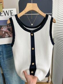 SHEIN Women's Autumn/Winter Button Design Contrast Color Casual Knitted Vest - Black and White - View 1