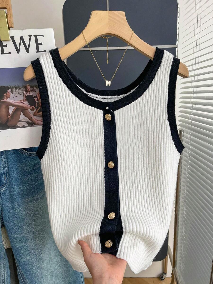 SHEIN Women's Autumn/Winter Button Design Contrast Color Casual Knitted Vest - Black and White - View 1