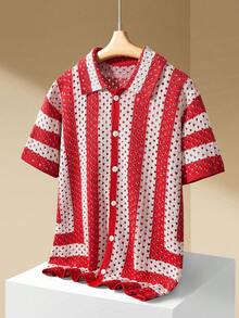 Manfinity LEGND Suéter de punto con botones delanteros, de manga corta y con contraste de rayas y calado - Rojo - Ver 4