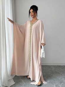 Elenzga Middle Eastern Style Embroidered V-Neck Loose Batwing Sleeve Maxi Dress - Apricot - View 5
