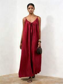 Zivah 2026春夏新品，适合情人节、婚礼季、音乐节、复活节、西部风、游牧风、波西米亚风、纳什维尔风格等场合。完美适用于派对、婚礼、晚宴、约会、聚会、生日、校园、日常穿着、休闲、度假、邮轮旅行。可调节细肩带，正面V领系带设计，砖红色竖条纹纹理，宽松A字连衣裙。 - 紅木色 - 查看 7