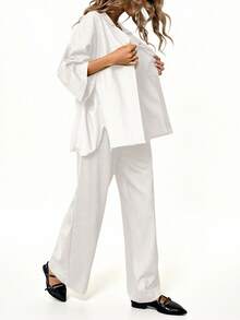 Aveloria Modichic 2件套 女士混纺侧开衩宽松衬衫和高腰阔腿裤 优雅商务休闲女装 - 白色 - 查看 3