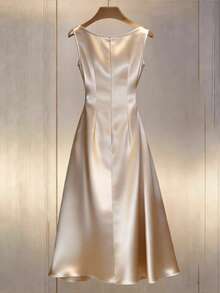Franclia Women's Elegant Champagne Satin Dress, Waist Pleated, Smooth Satin Fabric, Natural Drape, Pearl Button Decor At Waist, Simple Yet Sophisticated, Basic Style Elevated By Pearl & Satin Material, Suitable For Spring/Summer Commute, Daily Wear, Winter, Party, Beach, Date, Graduation, Business Office, Urban Teacher Uniform, Christmas New Year Outfit, Casual Maxi Dress Satin Dress Elegant Champagne Formal Dress Silk Dresses Dinner Dress Vacation Formal Dress Satin Elegant Dress Beach Vacation Dress - Multicolor - View 3