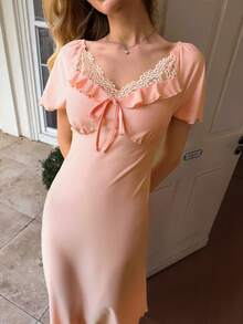 SHEIN Women's V-Neck Short Sleeve Contrast Lace Bow Nightgown - Coral Pink - View 5